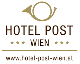 HOTEL POST WIEN "文字上方是一个造型别致的喇叭，两侧各有四颗星。下面是网站地址：www.hotel-post-wien.at。设计采用柔和的棕色。  